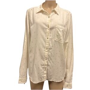 Maurices Flannel Button Up Cream with Metallic Gold Print Long Sleeve Shirt XL